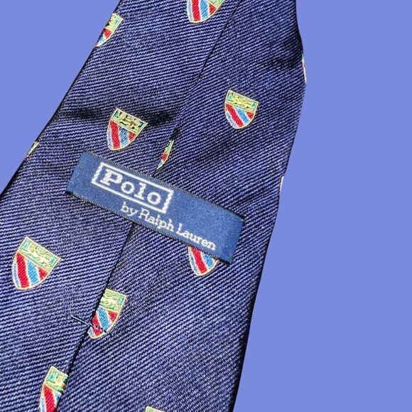 Vintage Polo by Ralph Lauren Blue Yellow Crest Tie 100% Silk Hand Made - Picture 2 of 5